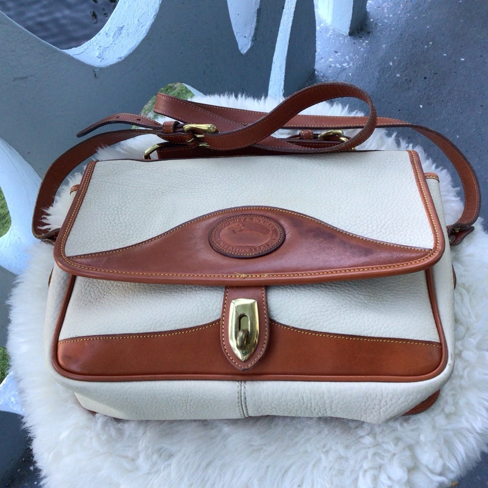 Vintage Dooney & Bourke All Weather Leather Cream and British Tan Messenger/Tote